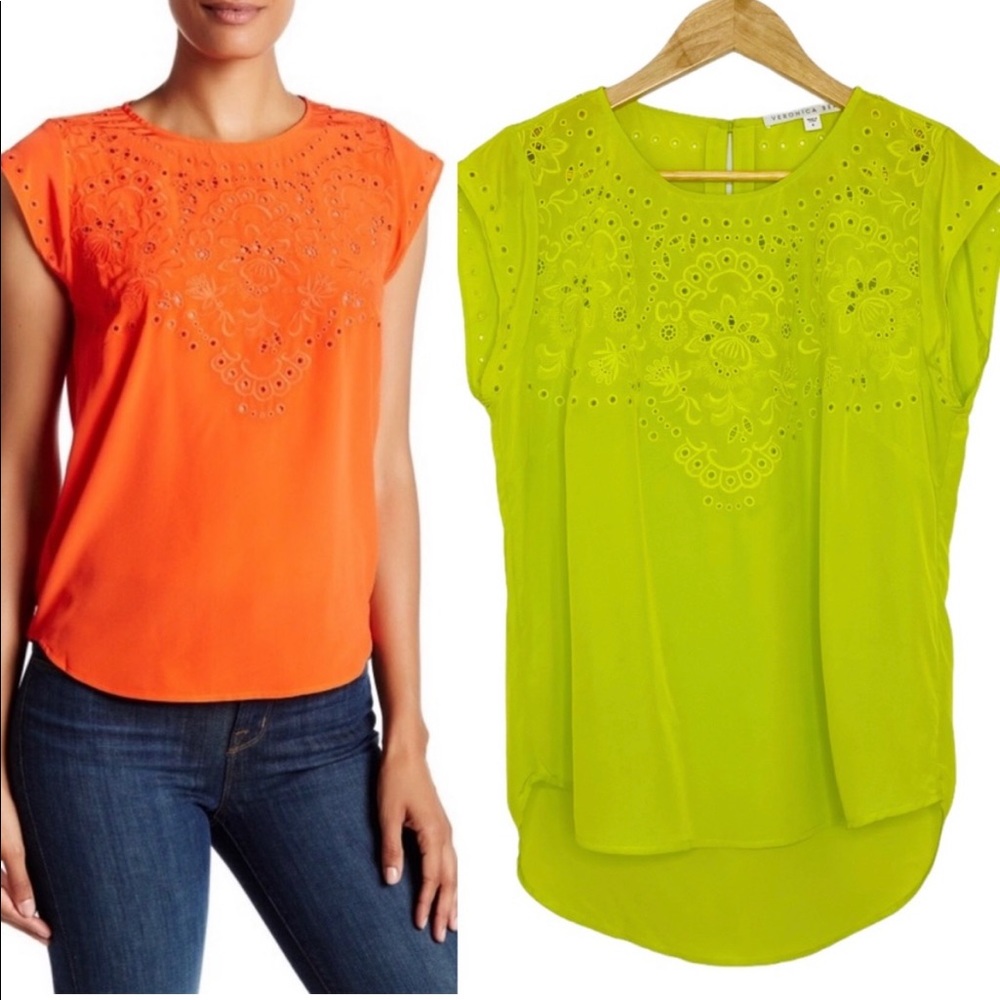 Veronica Beard Chartreuse Eyelet Silk Top Size 8